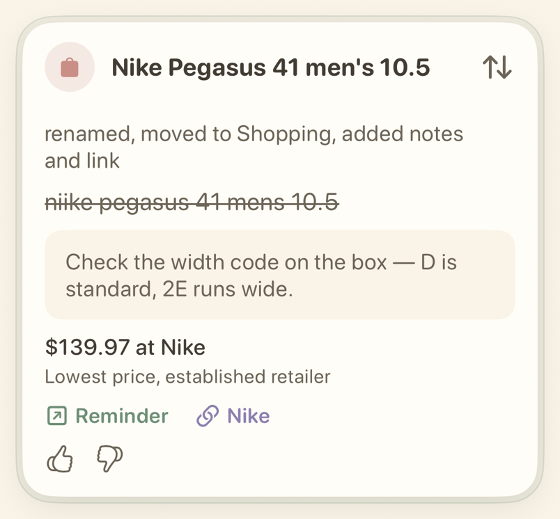 Buy reminder card with price and shopping link