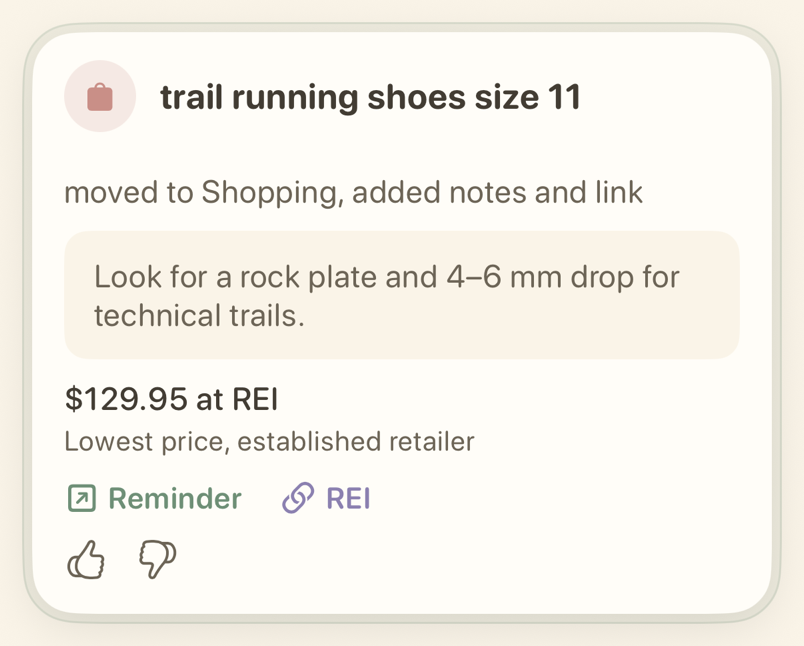 Reminder card showing the list it moved to