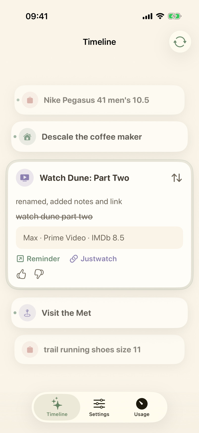 Timeline with an enriched reminder card