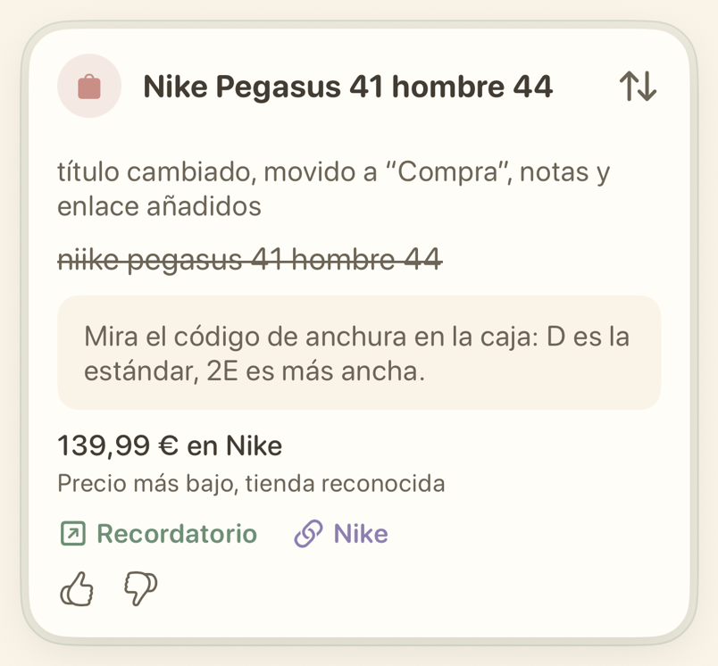 Tarjeta de un recordatorio de Comprar con el precio y enlace a una tienda