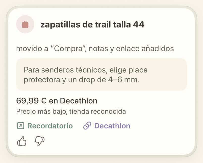 Tarjeta de un recordatorio con la lista a la que se ha movido
