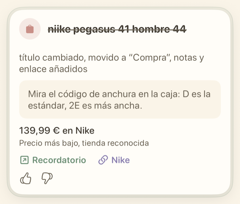 Tarjeta de recordatorio con la acción Deshacer