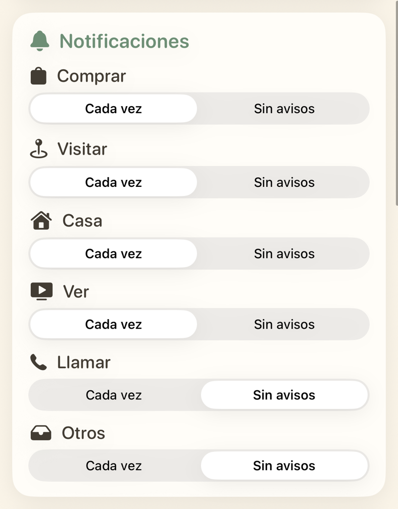 Ajustes de notificaciones para cada categoría de recordatorios