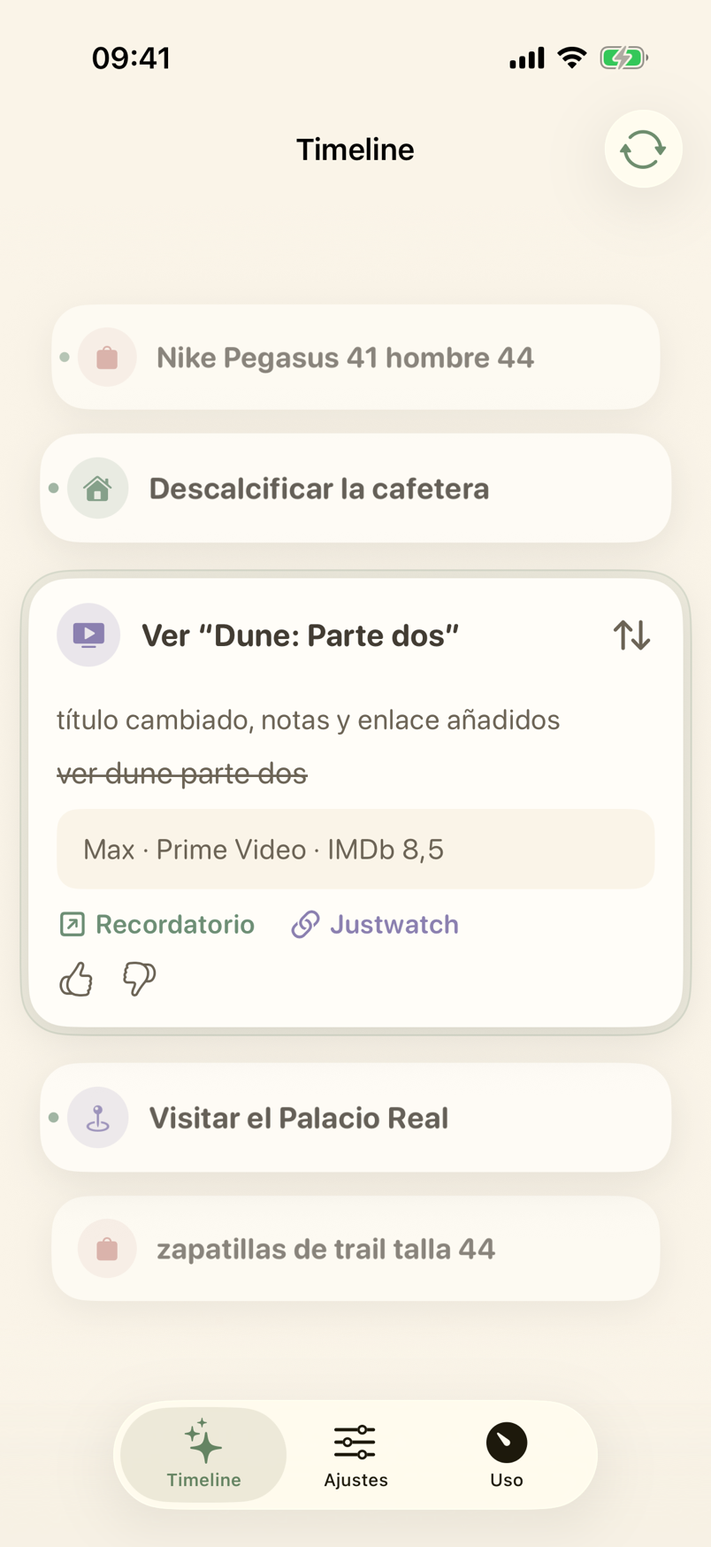 Timeline con la tarjeta de un recordatorio con la respuesta añadida