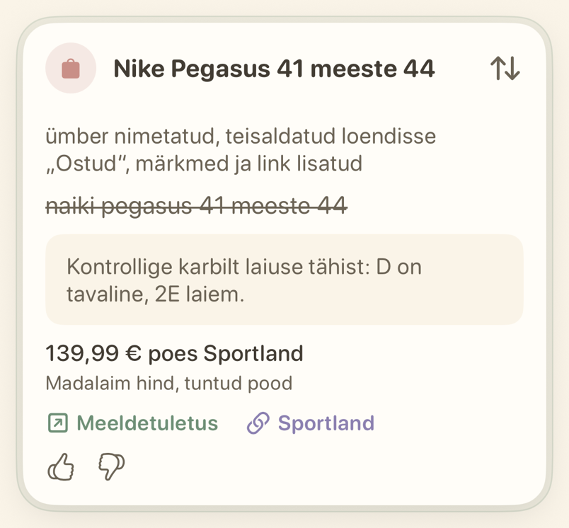 Ostmise meeldetuletuse kaart hinna ja ostulingiga