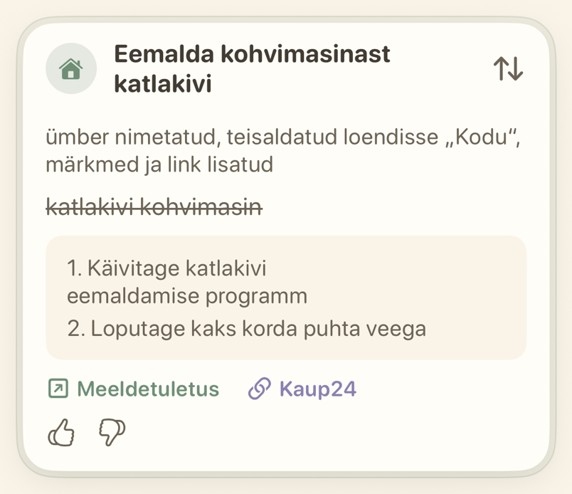 Koduse meeldetuletuse kaart juhiste märkmega