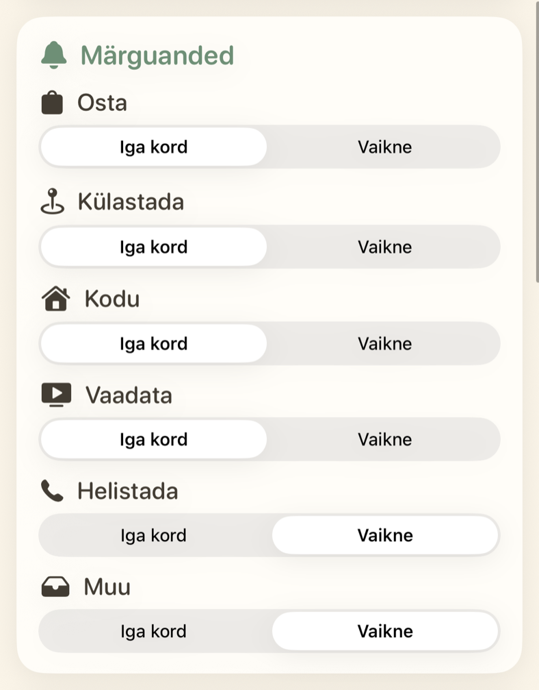 Iga meeldetuletuse kategooria märguandeseaded