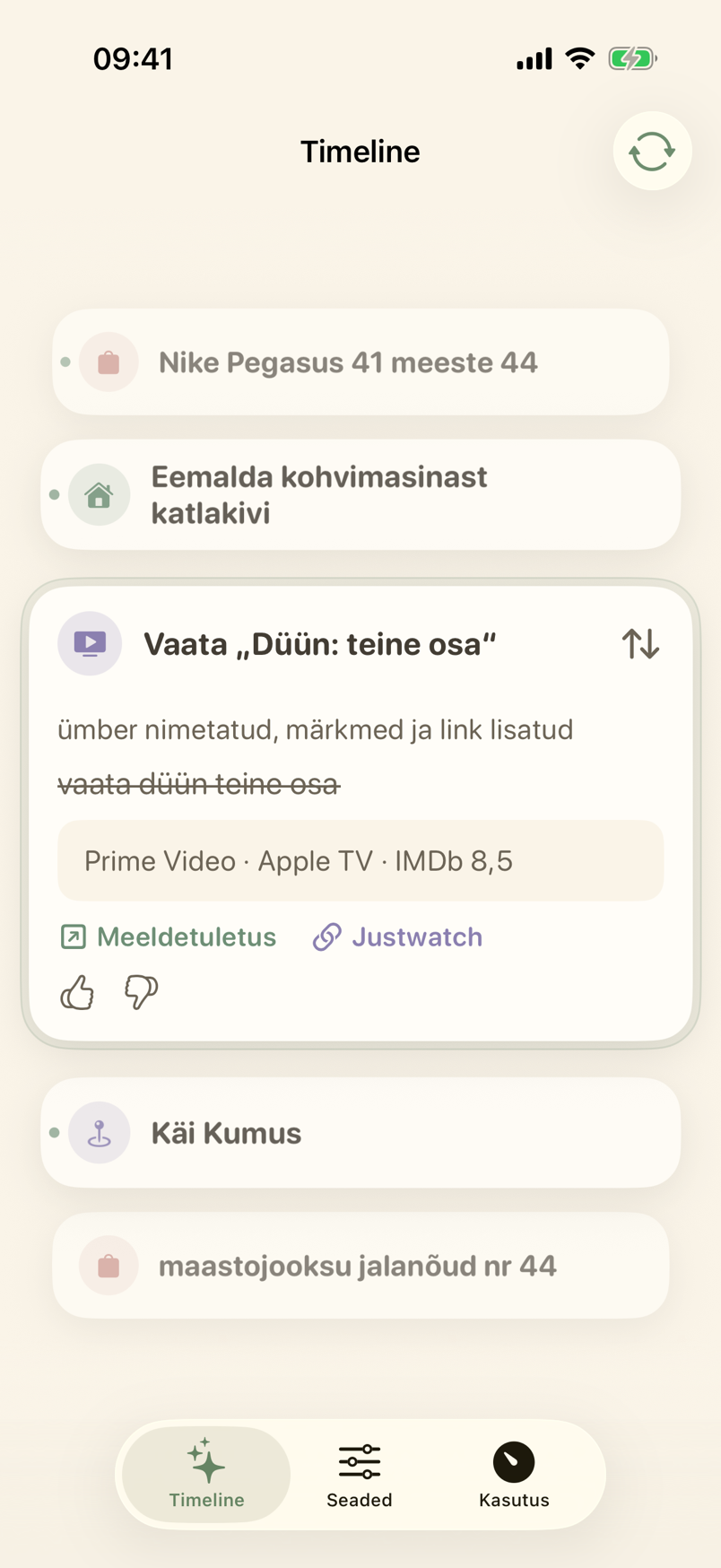 Timeline'i meeldetuletuse kaart koos lisatud teabega