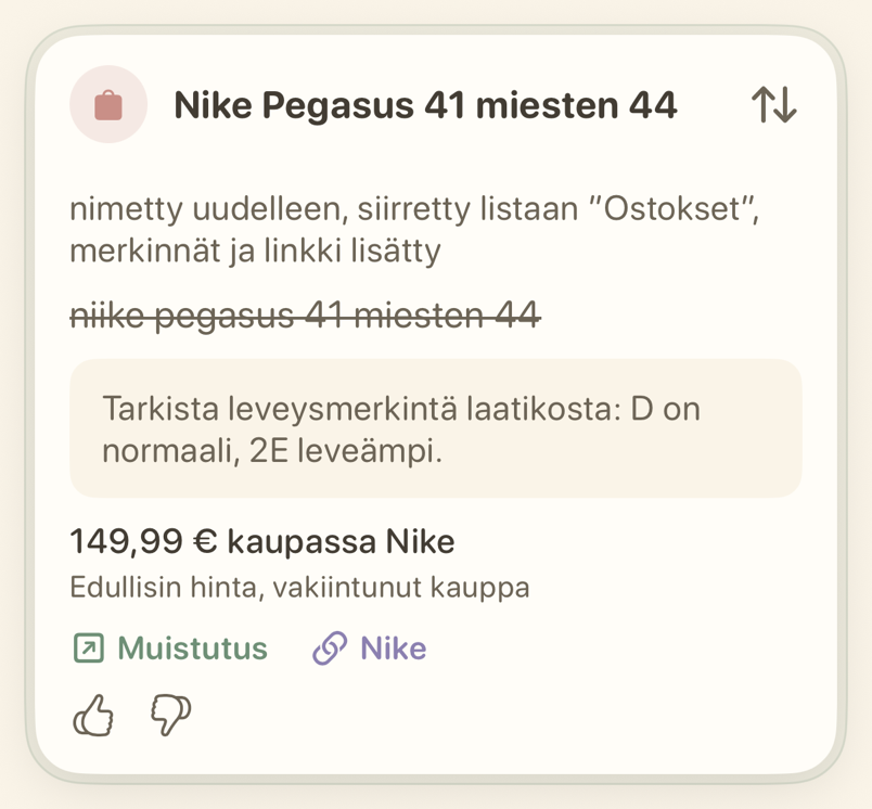 Ostettavaa-kortti, jossa hinta ja kauppalinkki