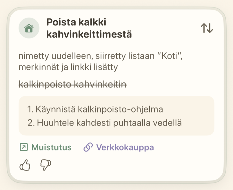 Kotimuistutuksen kortti, jossa vaiheet merkinnöissä