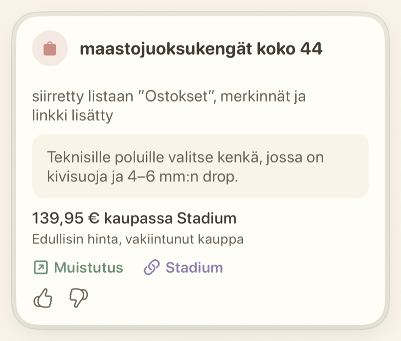 Muistutuskortti, jossa näkyy lista, jolle muistutus siirtyi