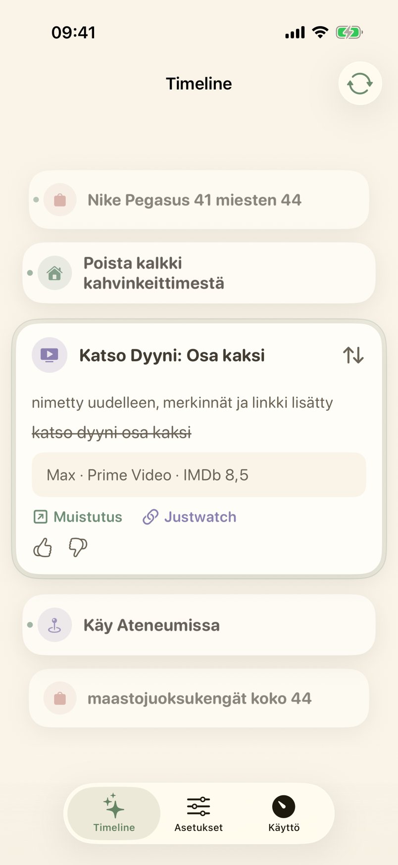 Timeline ja täydennetyn muistutuksen kortti