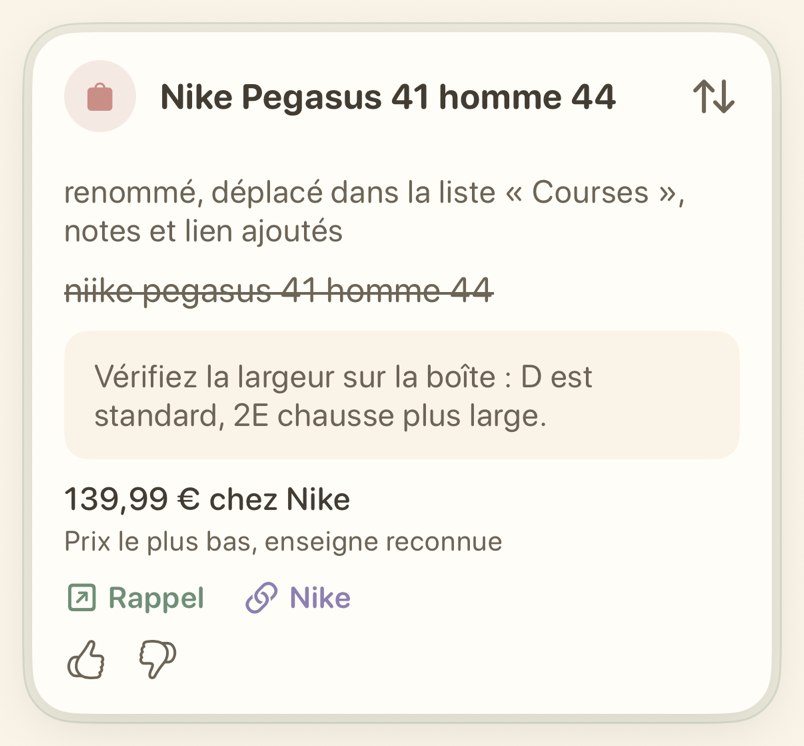 Carte d’un rappel d’achat « Nike Pegasus 41 homme 44 » rangé dans Courses, avec le prix et le lien