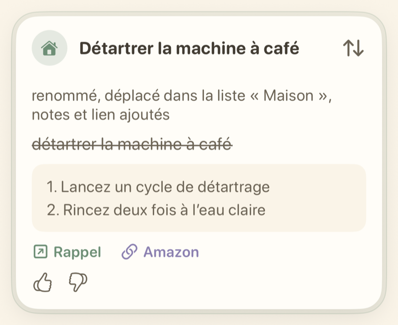 Carte « Détartrer la machine à café » avec les étapes de la tâche