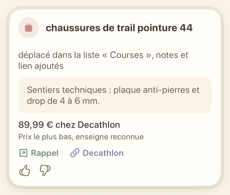 Carte de rappel indiquant la liste de destination