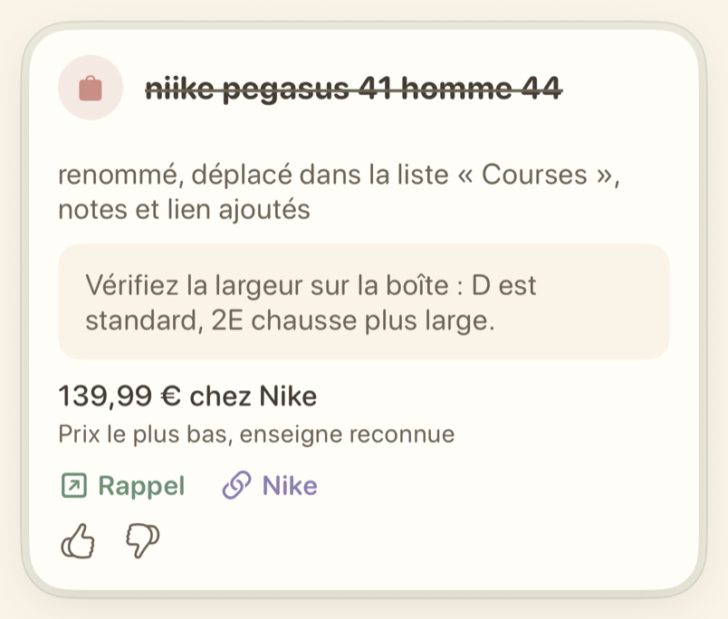 Carte de rappel avec l’action Annuler
