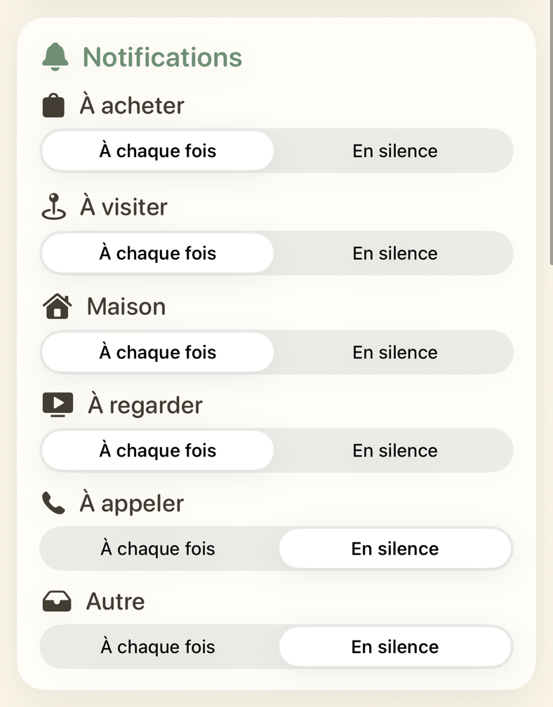 Réglages des notifications pour chaque catégorie de rappel