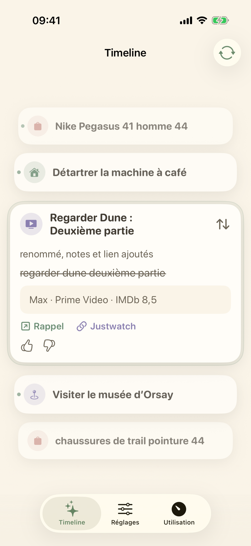 Timeline avec une carte de rappel complété