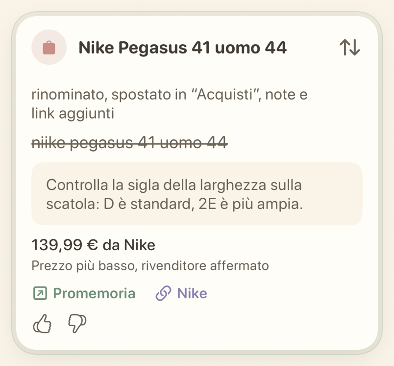Scheda di un promemoria da comprare con prezzo e link a un negozio
