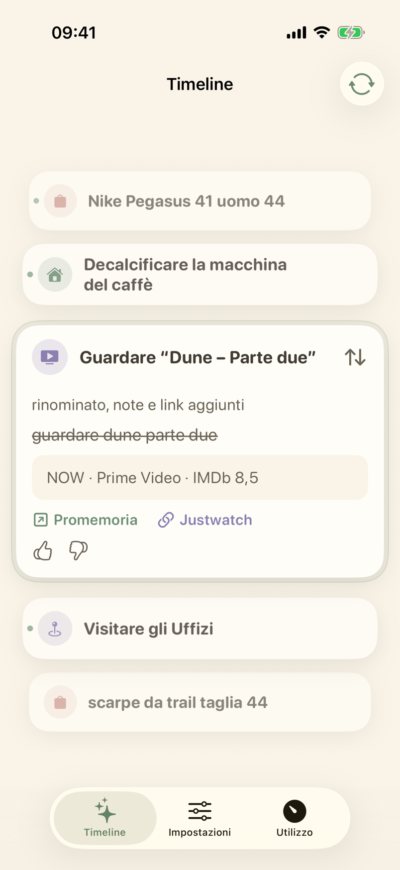 Timeline con la scheda di un promemoria completato