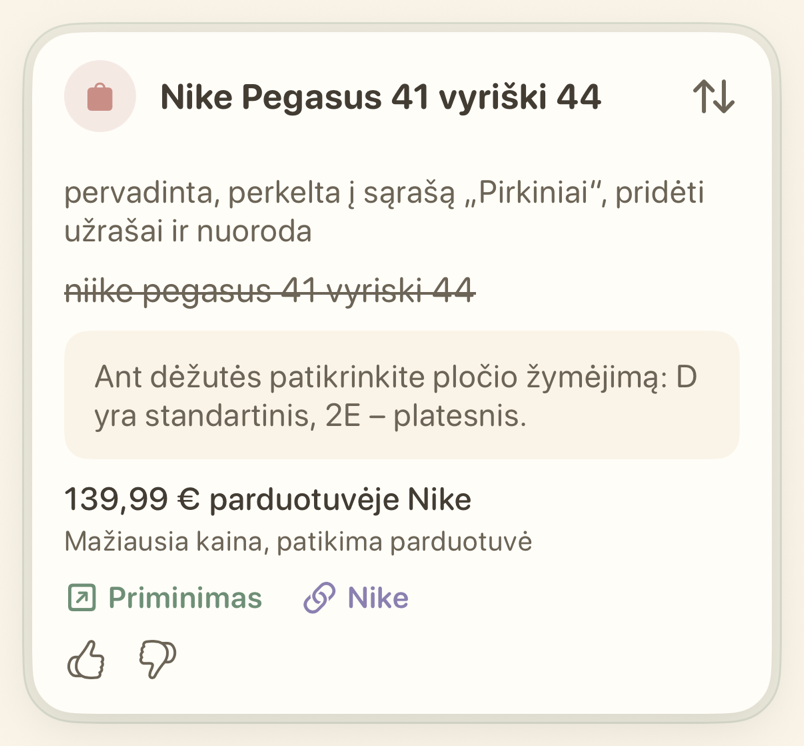 Pirkimo priminimo kortelė su kaina ir parduotuvės nuoroda