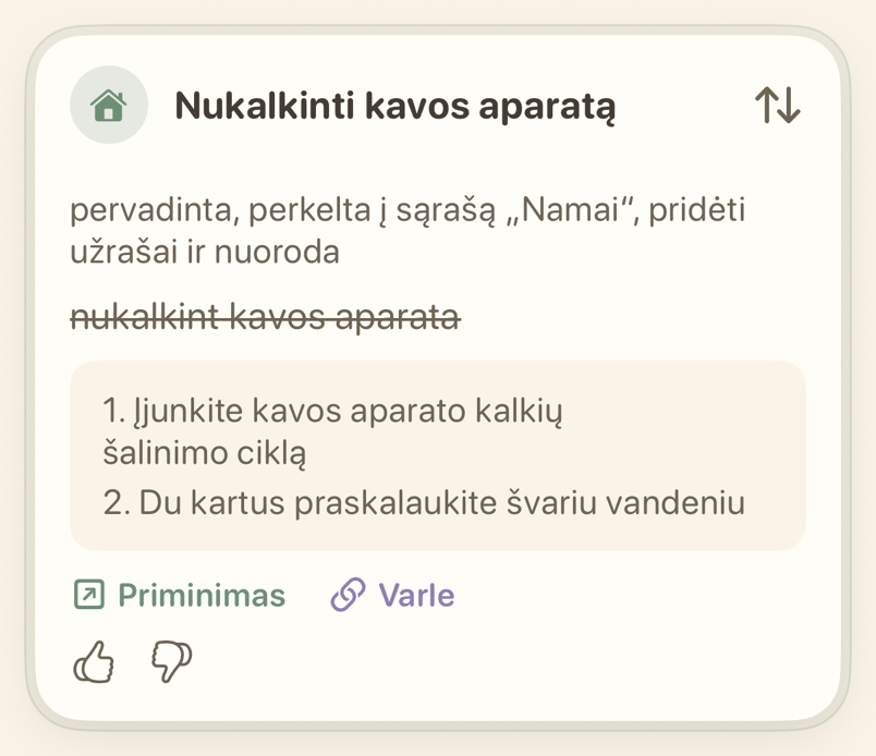 Namų užduoties kortelė su žingsniais užrašuose