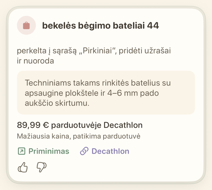 Priminimo kortelė su sąrašu, į kurį jis perkeltas