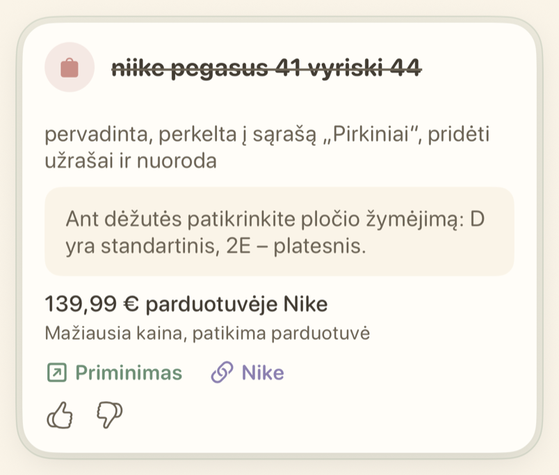 Priminimo kortelė su veiksmu „Anuliuoti“