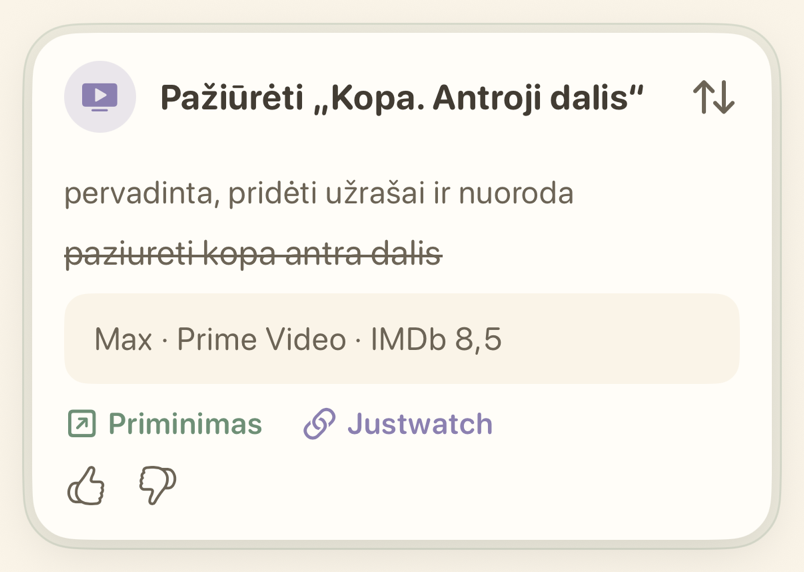 Priminimo „Pažiūrėti“ kortelė su transliacijų paslaugomis