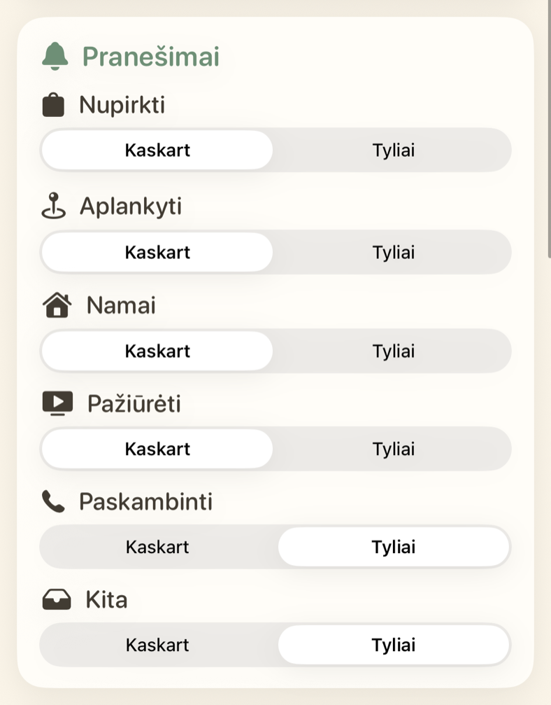 Kiekvienos priminimų kategorijos pranešimų nustatymai
