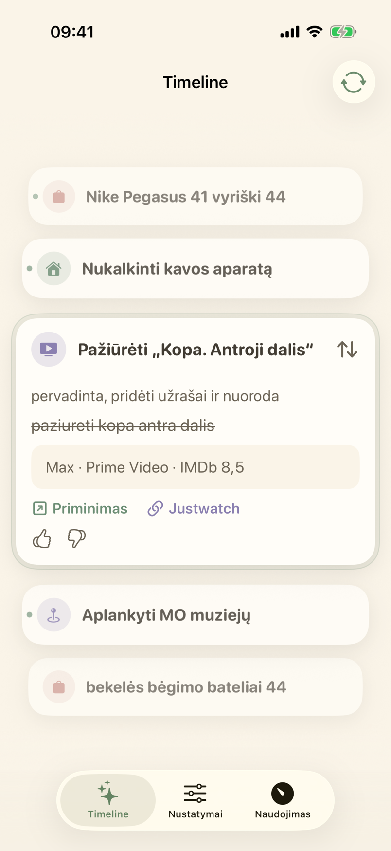 Timeline su papildyta priminimo kortele
