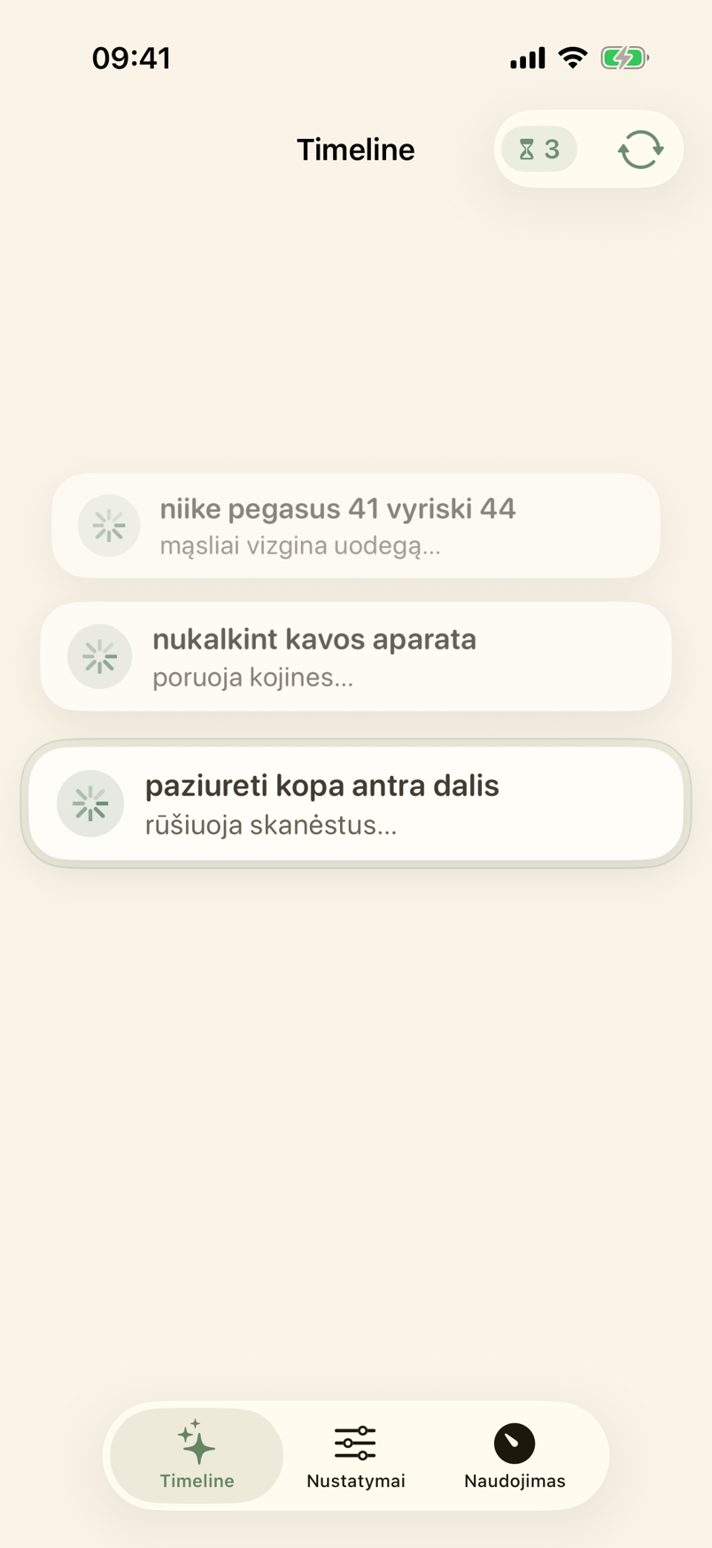 Timeline kortelė, rodoma nobardak tvarkant priminimą