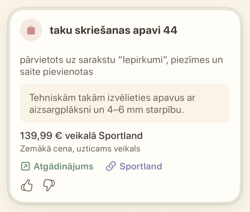 Atgādinājuma kartīte, kurā redzams, uz kuru sarakstu tas pārvietots
