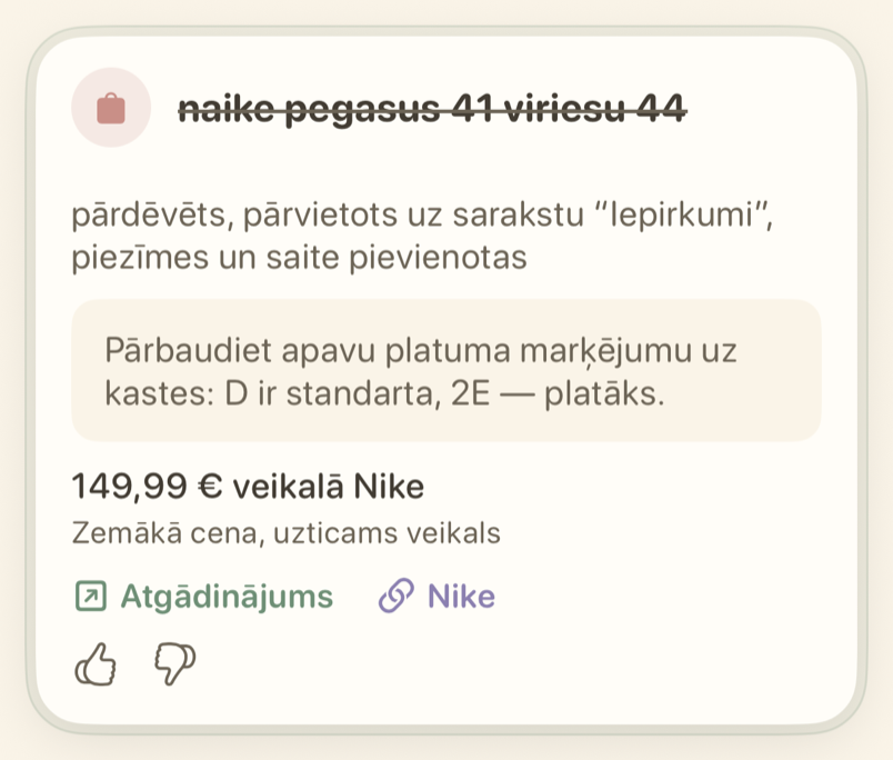 Atgādinājuma kartīte ar atsaukšanas darbību