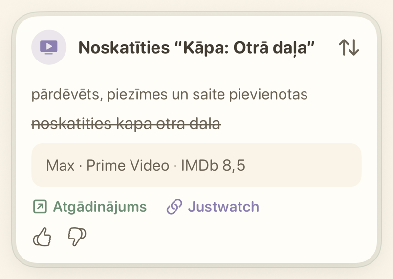 Filmas atgādinājuma kartīte ar straumēšanas pakalpojumiem