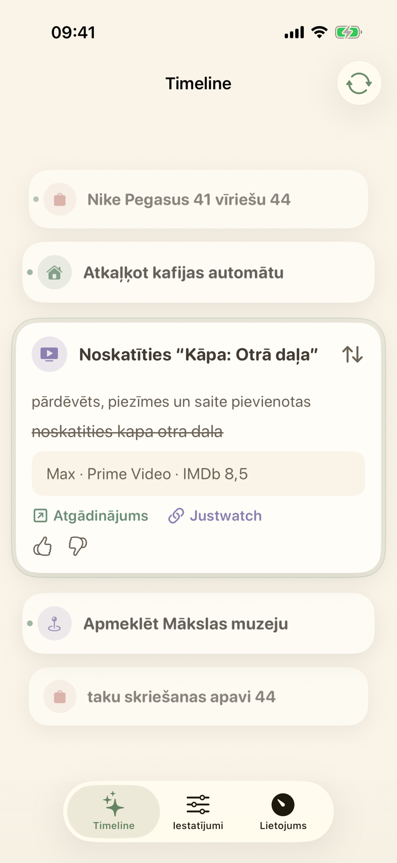 Timeline ar papildināta atgādinājuma kartīti