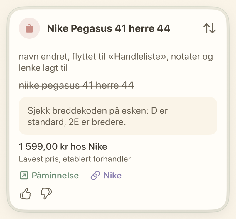 Påminnelseskort for kjøp med pris og butikklenke