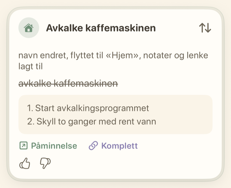 Påminnelseskort for en oppgave hjemme med trinnene i notatene