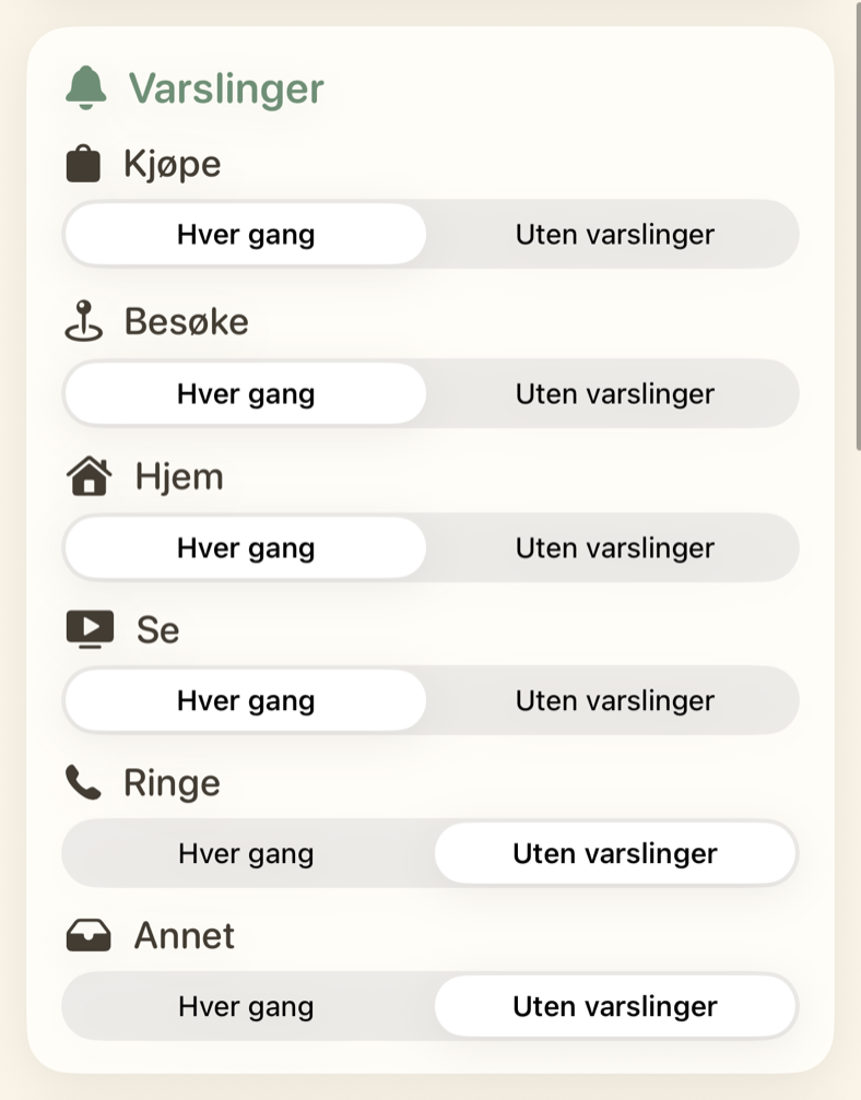 Innstillinger for varslinger for hver påminnelseskategori