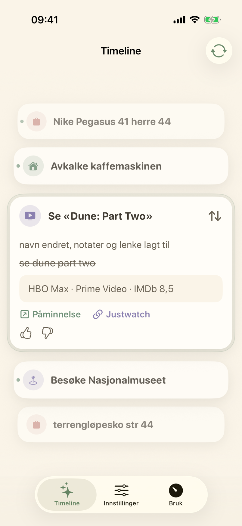 Timeline med et ferdig påminnelseskort
