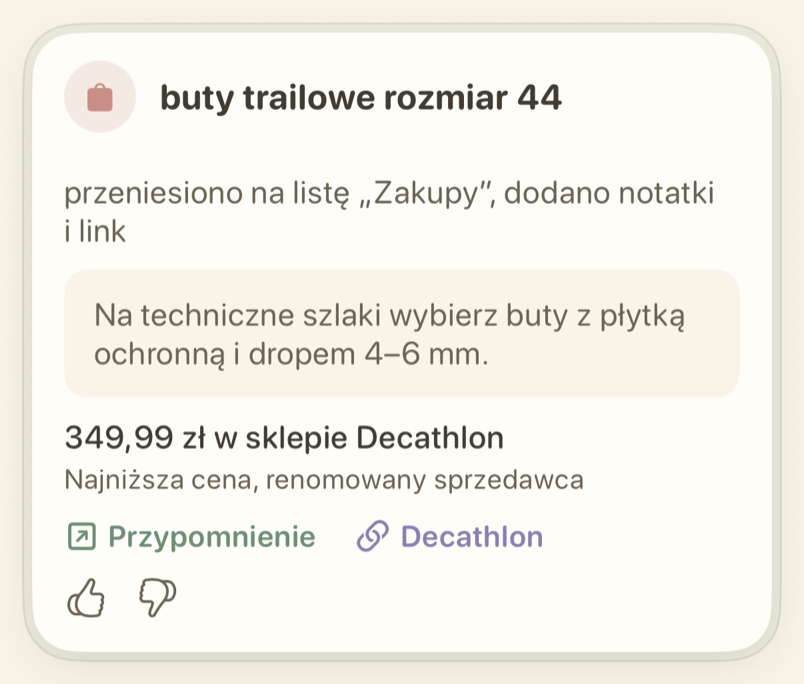 Karta przypomnienia z listą, do której zostało przeniesione