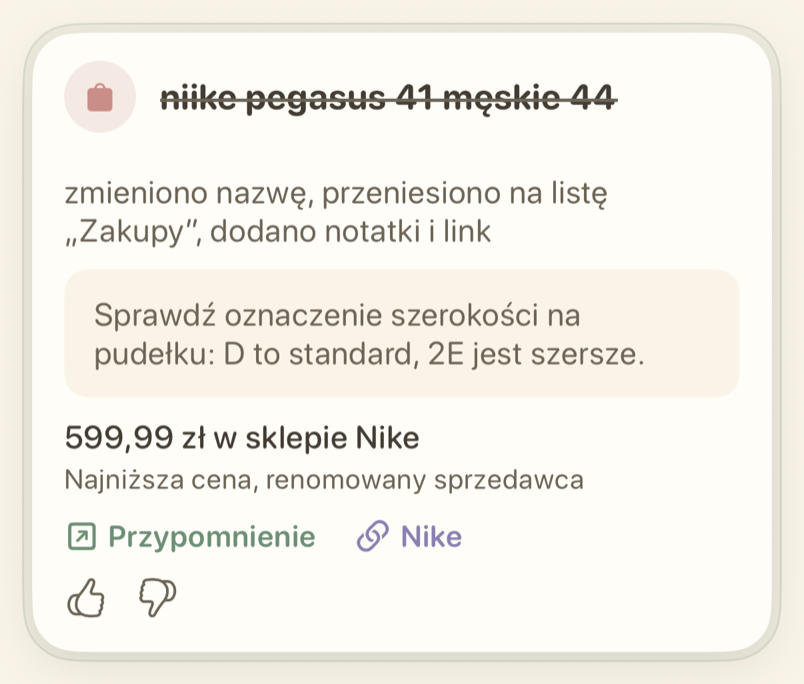 Karta przypomnienia z akcją Cofnij
