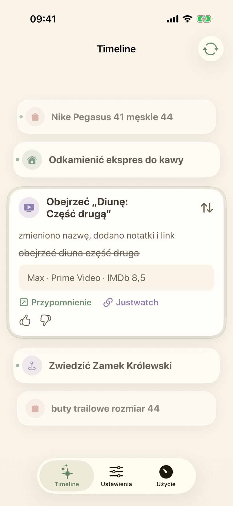 Timeline z kartą uzupełnionego przypomnienia