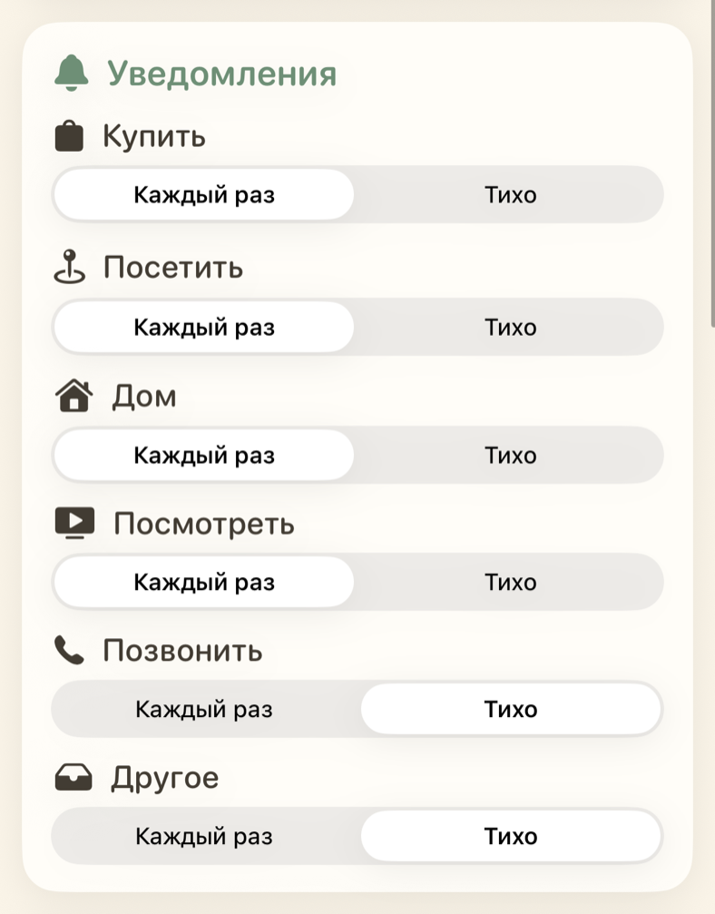 Настройки уведомлений для каждой категории напоминаний