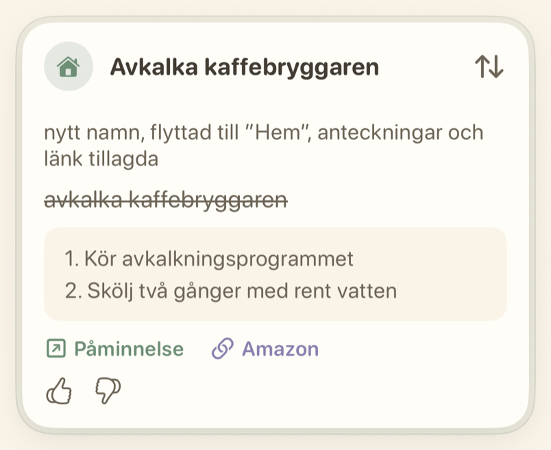 Kort för avkalkning av kaffebryggare i Hem med två steg