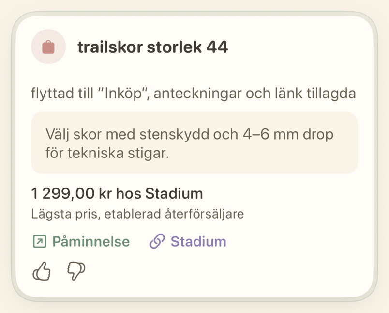 Kort som visar att påminnelsen har flyttats till Inköp