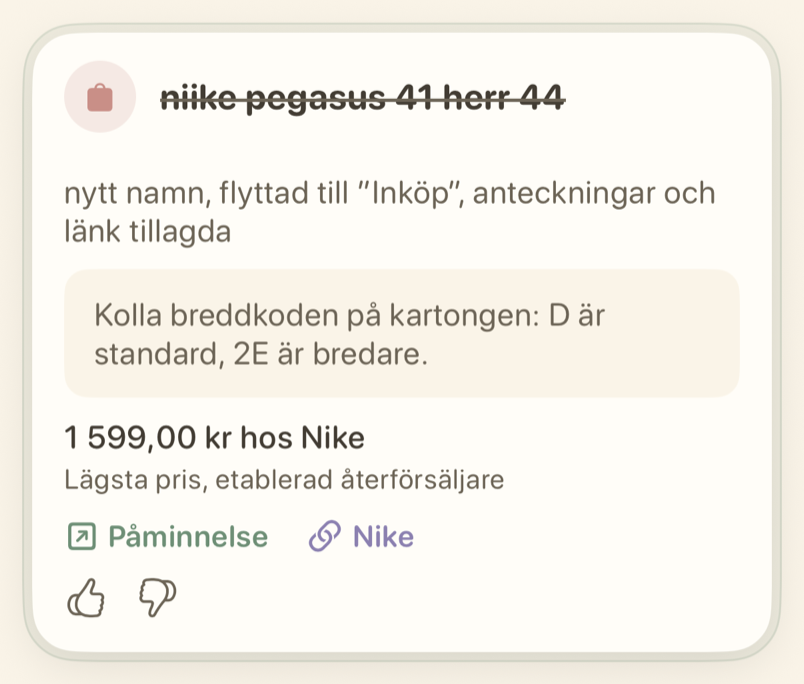Påminnelsekort med åtgärden Ångra
