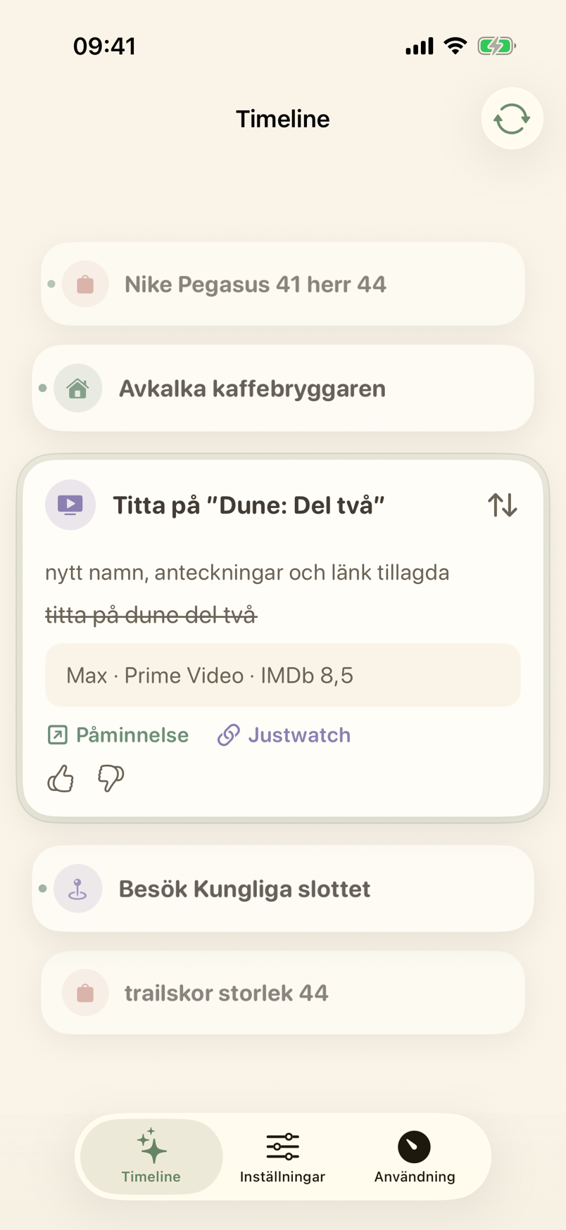 Timeline med ett uppdaterat påminnelsekort